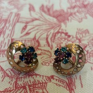 Vintage Elegant GOLD FILLED and Multicolor Floral Clip on Earrings